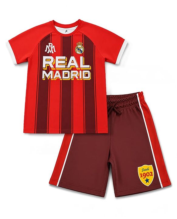 Pine Active Knit Half Raglan Sleeves Real Madrid Printed T-Shirt with Shorts Football Set - Red