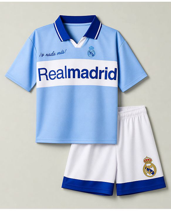 Pine Active Knit Half Sleeves Realmadrid Polo Tee with Shorts Football Set  -Light Blue