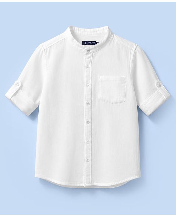 Pine Kids Cotton Woven Full Sleeves Solid Shirt with Mandarin Collar - White