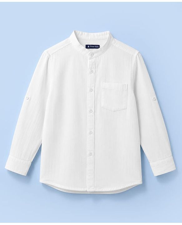 Pine Kids Cotton Woven Full Sleeves Solid Shirt with Mandarin Collar - White