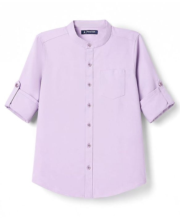 Pine Kids Cotton Woven Full Sleeves Solid Shirt with Mandarin Collar - Purple