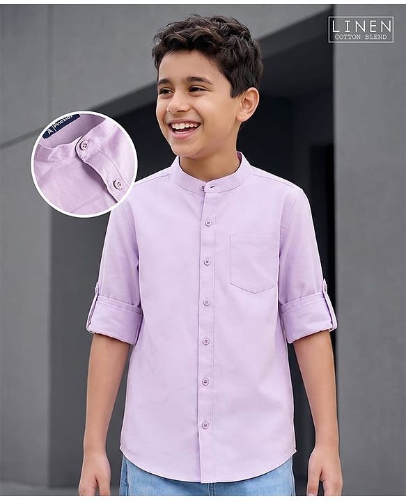 Pine Kids Cotton Woven Full Sleeves Solid Shirt with Mandarin Collar - Purple