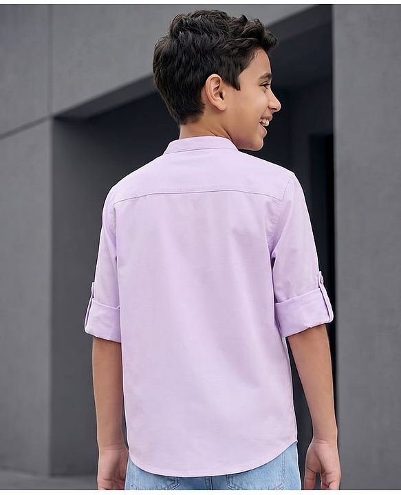Pine Kids Cotton Woven Full Sleeves Solid Shirt with Mandarin Collar - Purple
