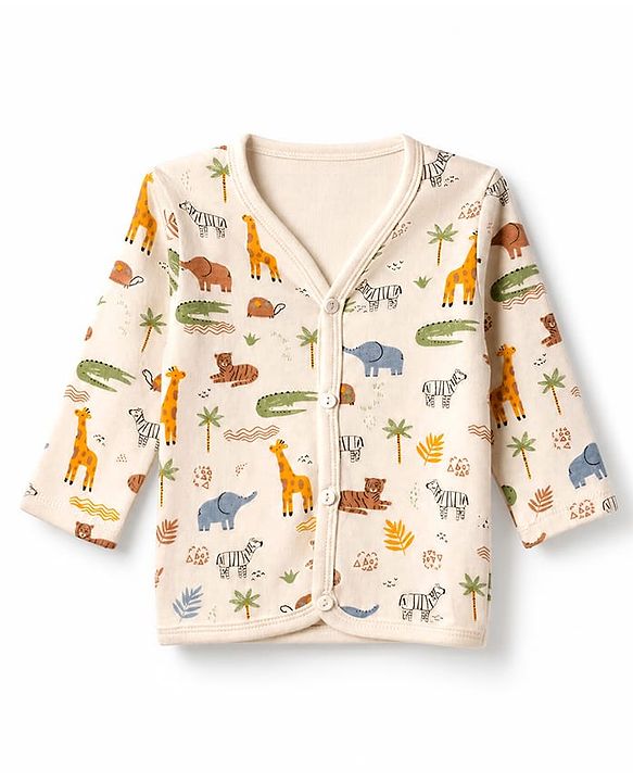 Babyhug 100% Cotton Interlock Knit Front Open Full Sleeves Striped Jhablas with Jungle Safari Theme Pack of 3 - Blue Cream Light Brown