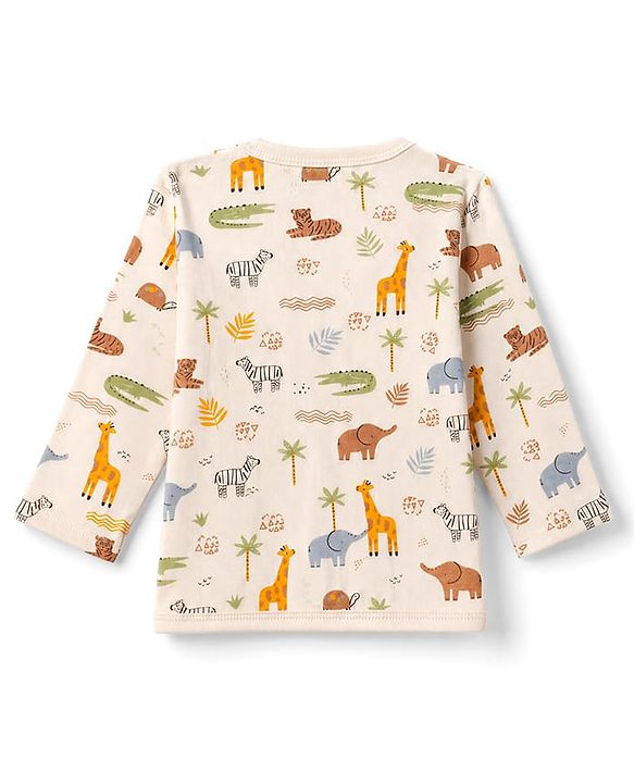 Babyhug 100% Cotton Interlock Knit Front Open Full Sleeves Striped Jhablas with Jungle Safari Theme Pack of 3 - Blue Cream Light Brown