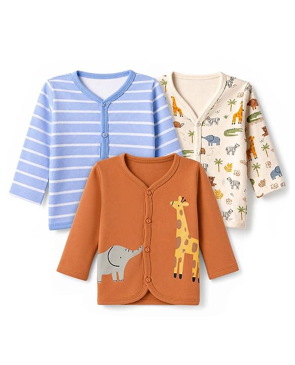 Babyhug 100% Cotton Interlock Knit Front Open Full Sleeves Striped Jhablas with Jungle Safari Theme Pack of 3 - Blue Cream Light Brown