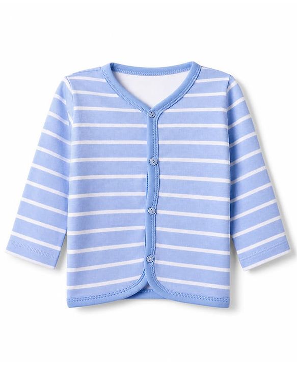 Babyhug 100% Cotton Interlock Knit Front Open Full Sleeves Striped Jhablas with Jungle Safari Theme Pack of 3 - Blue Cream Light Brown