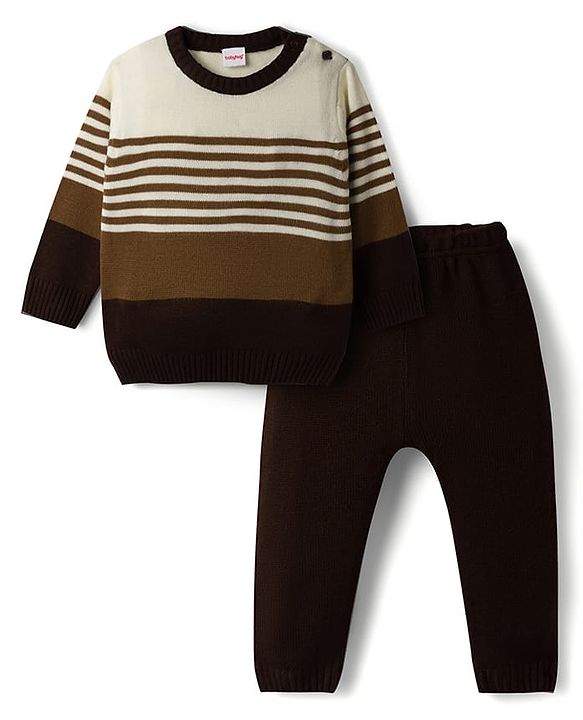 Babyhug Knit Full Sleeves Sweater Set with Stripes -Brown