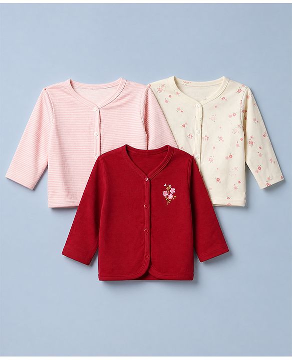 Babyhug 100% Cotton Interlock Knit Full Sleeves Front Open Jhablas With Floral Print Pack of 3 - Red & Pink