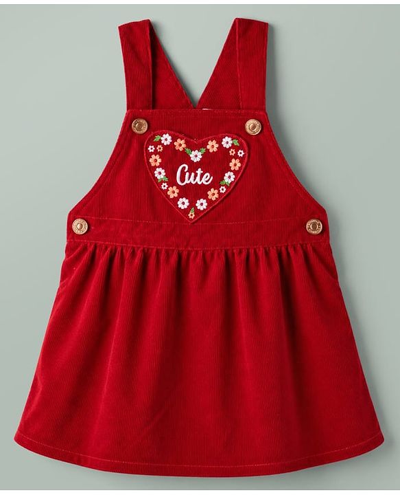 Babyhug Woven Half Sleeves Floral Printed & Embroidered Frock With Inner Tee - Red