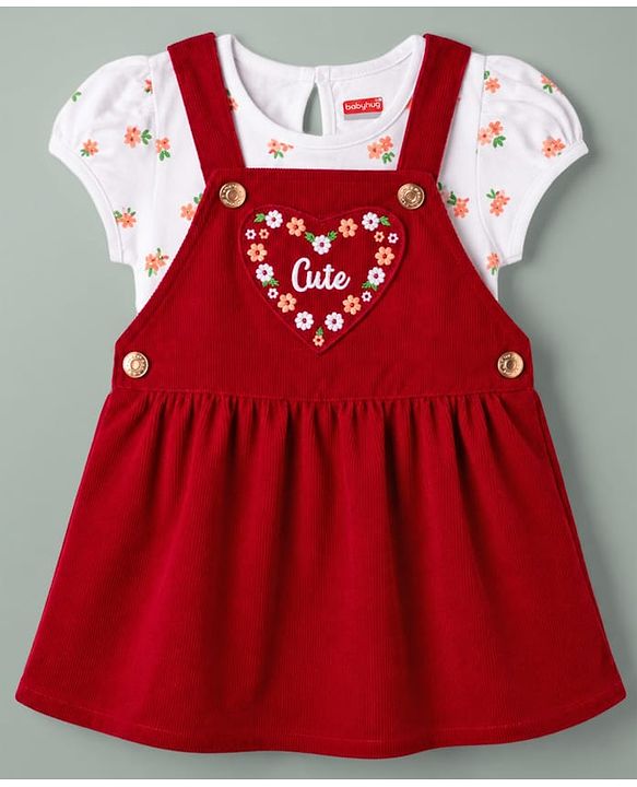 Babyhug Woven Half Sleeves Floral Printed & Embroidered Frock With Inner Tee - Red