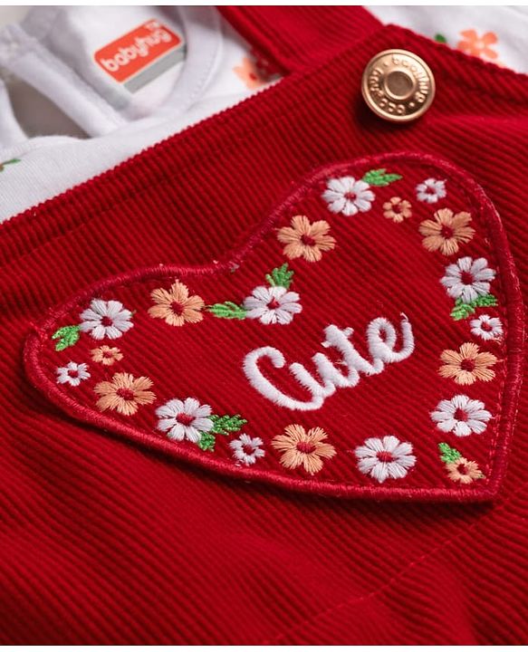Babyhug Woven Half Sleeves Floral Printed & Embroidered Frock With Inner Tee - Red