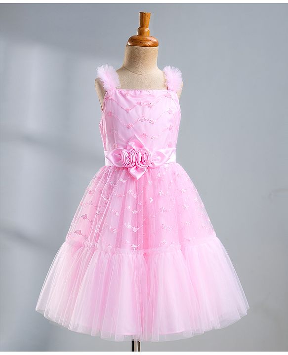Pine Kids Mesh Woven Sleeveless Party Dress With Sequin Detailing & Floral Applique - Light Pink