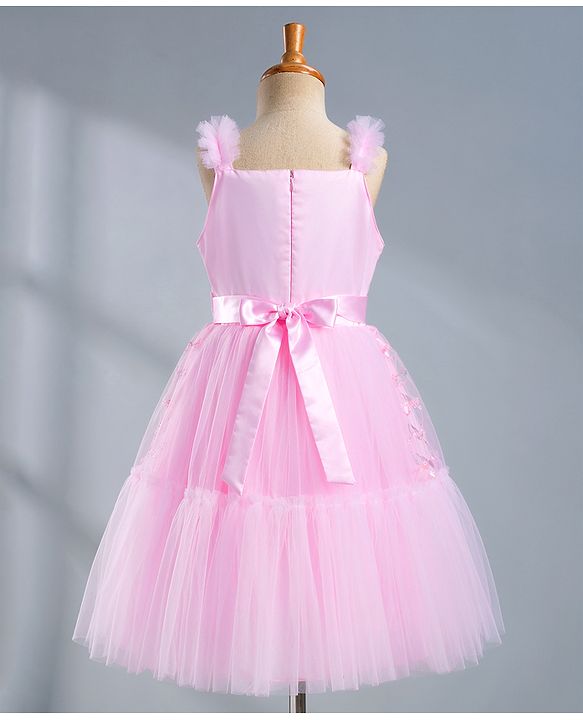 Pine Kids Mesh Woven Sleeveless Party Dress With Sequin Detailing & Floral Applique - Light Pink