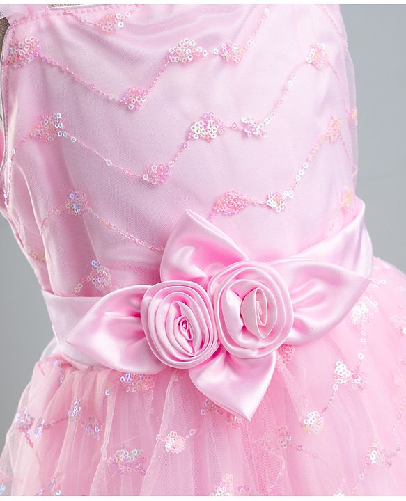 Pine Kids Mesh Woven Sleeveless Party Dress With Sequin Detailing & Floral Applique - Light Pink