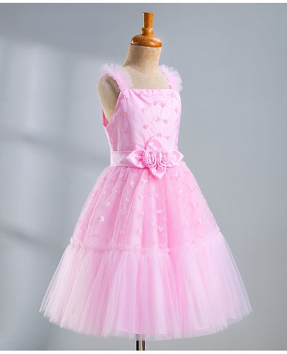 Pine Kids Mesh Woven Sleeveless Party Dress With Sequin Detailing & Floral Applique - Light Pink