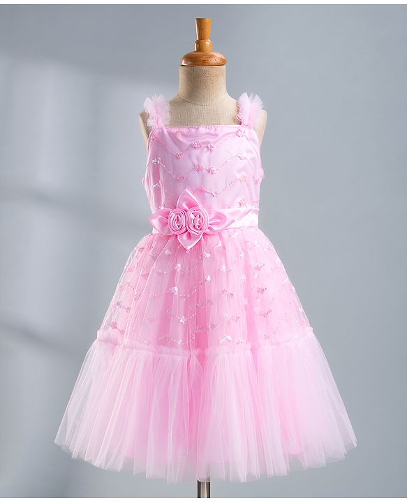 Pine Kids Mesh Woven Sleeveless Party Dress With Sequin Detailing & Floral Applique - Light Pink