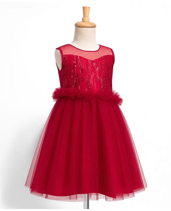 Pine Kids Mesh Woven Sleeveless Party Dress With Sequin Detailing - Dark Pink