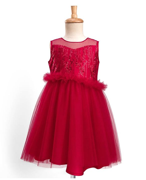 Pine Kids Mesh Woven Sleeveless Party Dress With Sequin Detailing - Dark Pink