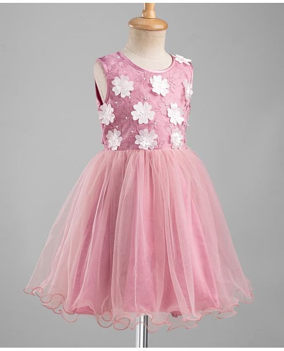 Pine Kids Mesh Woven Sleeveless Party Dress With Floral Applique & Embroidery - Pink & White