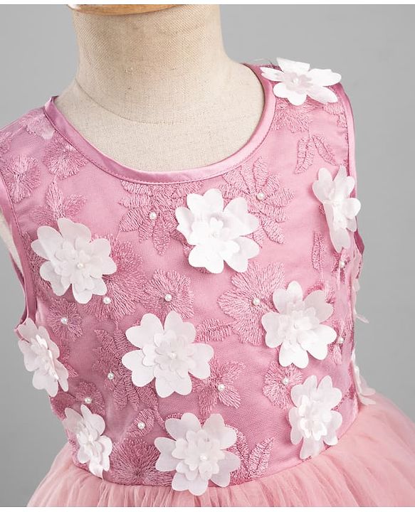 Pine Kids Mesh Woven Sleeveless Party Dress With Floral Applique & Embroidery - Pink & White