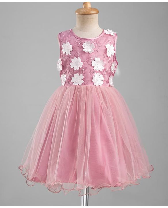 Pine Kids Mesh Woven Sleeveless Party Dress With Floral Applique & Embroidery - Pink & White
