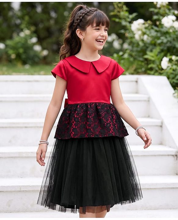 Pine Kids Mesh Woven Half Sleeves Peter Pan Collared Party Dress With Floral Lace Detailing - Dark Pink