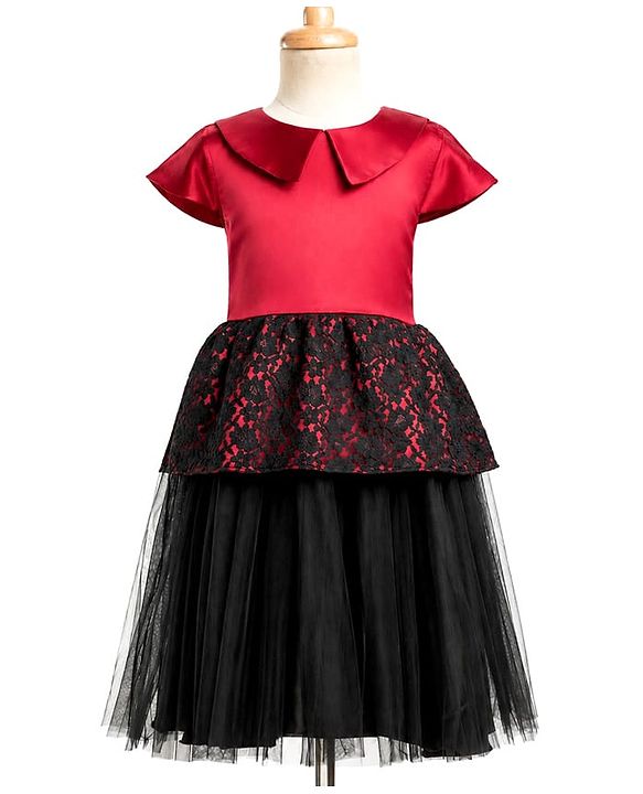 Pine Kids Mesh Woven Half Sleeves Peter Pan Collared Party Dress With Floral Lace Detailing - Dark Pink