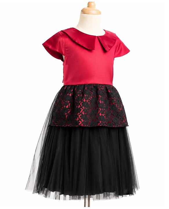 Pine Kids Mesh Woven Half Sleeves Peter Pan Collared Party Dress With Floral Lace Detailing - Dark Pink