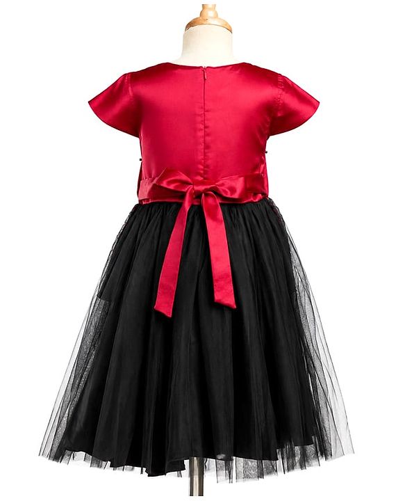 Pine Kids Mesh Woven Half Sleeves Peter Pan Collared Party Dress With Floral Lace Detailing - Dark Pink