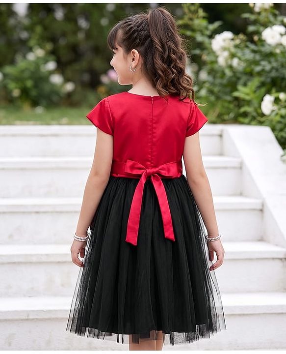 Pine Kids Mesh Woven Half Sleeves Peter Pan Collared Party Dress With Floral Lace Detailing - Dark Pink