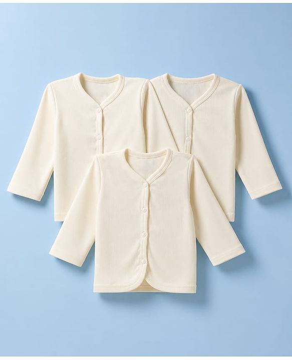 Babyhug 100% Cotton Rib Knit Full Sleeves Solid Colour Jhablas Pack of 3 - Cream