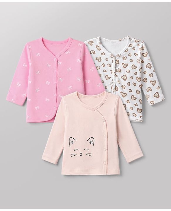 Babyhug 100% Cotton Interlock Knit Front Open Jhablas With Heart & Bow Print pack of 3 - Pink Peach White