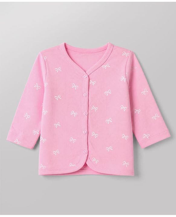 Babyhug 100% Cotton Interlock Knit Front Open Jhablas With Heart & Bow Print pack of 3 - Pink Peach White