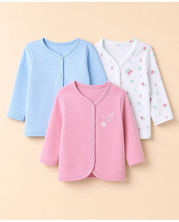 Babyhug 100% Cotton Interlock Knit Front Open Striped Jhablas With Floral & Polka Dot Print Pack of 3 - Light Blue, White & Pink