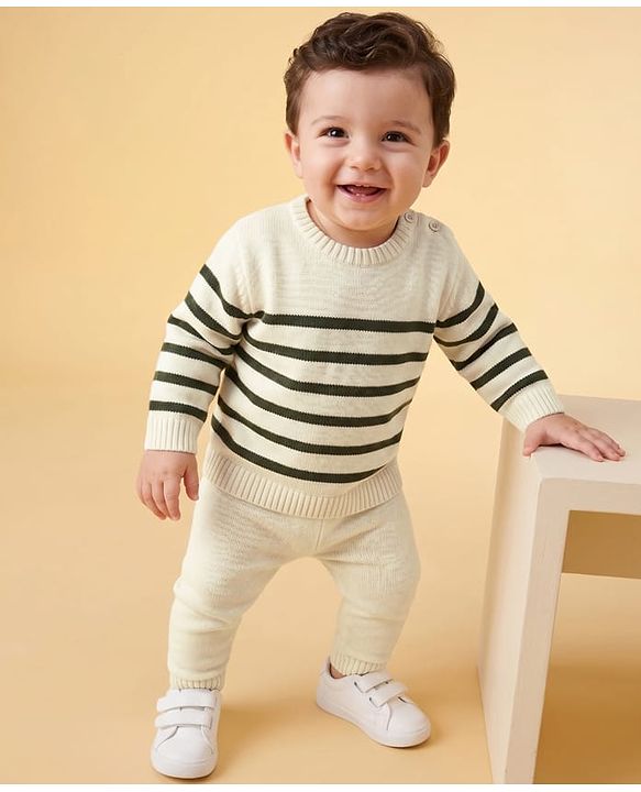 Babyhug Sweater Knit Full Sleeves Striped Sweater Set -White