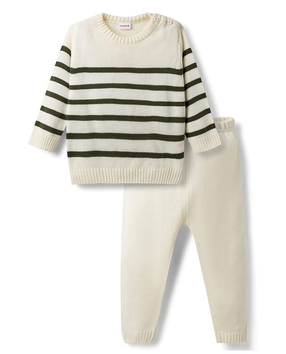 Babyhug Sweater Knit Full Sleeves Striped Sweater Set -White