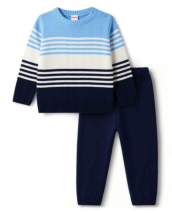 Babyhug Sweater Knit Full Sleeves Sweater Set with Stripes - Blue