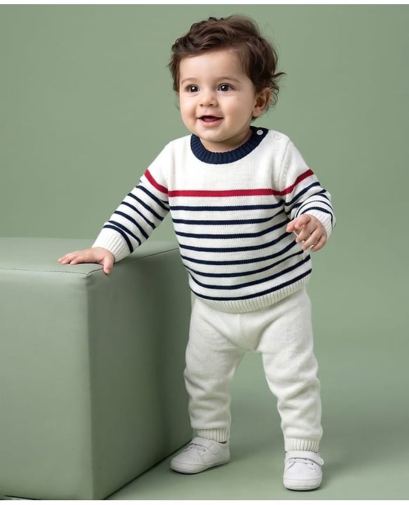 Babyhug Sweater Knit Full Sleeves Striped Sweater Set - White