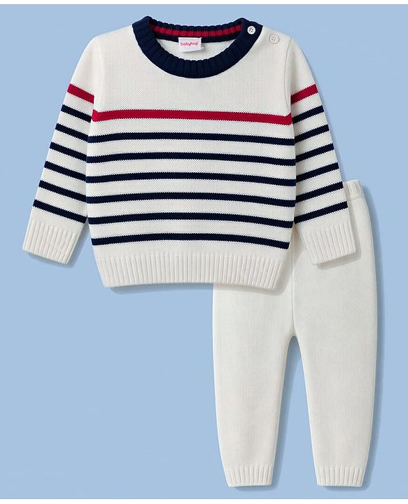 Babyhug Sweater Knit Full Sleeves Striped Sweater Set - White