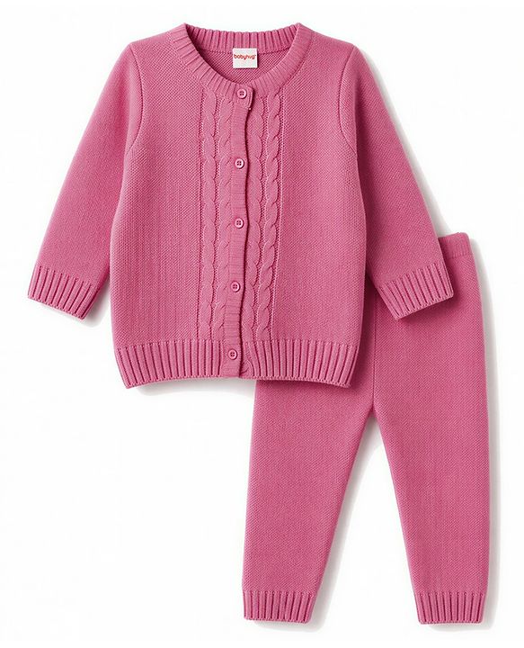 Babyhug Knit Full Sleeves Solid Colour Sweater Set with Cable Knit Design- Pink