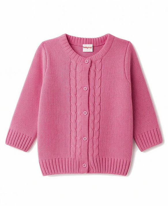 Babyhug Knit Full Sleeves Solid Colour Sweater Set with Cable Knit Design- Pink