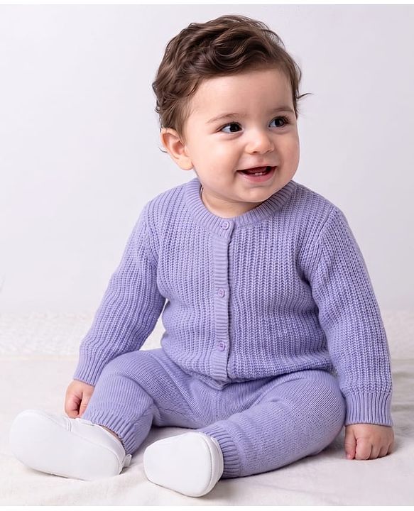 Babyhug Knit Full Sleeves Solid Colour Sweater Set - Lilac