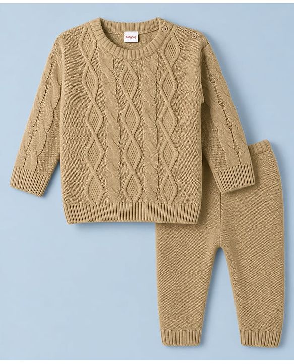 Babyhug Knit Full Sleeves Sweater Set With Cable Knit - Beige