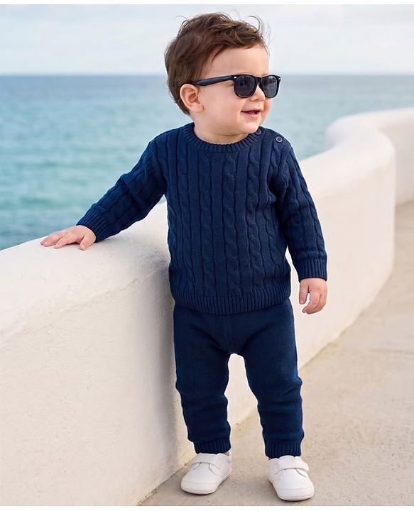 Babyhug Knit Full Sleeves Sweater Set With Cable Knit - Navy Blue