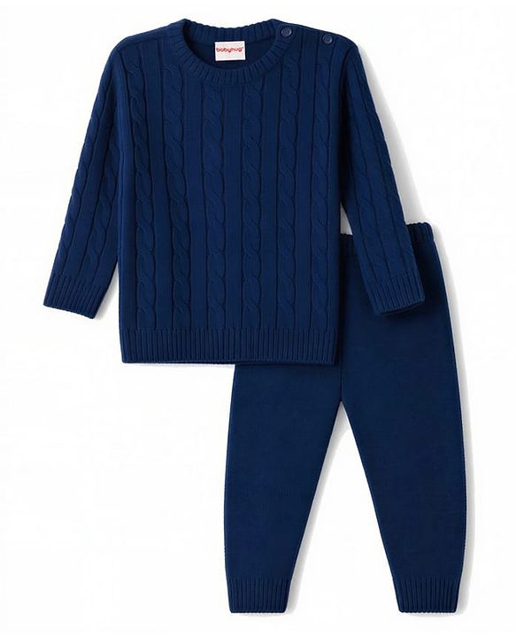 Babyhug Knit Full Sleeves Sweater Set With Cable Knit - Navy Blue