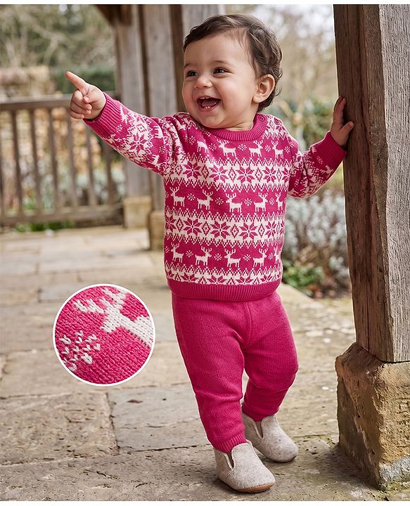 Babyhug Knit Full Sleeves Floral & Deer Designed Sweater Set -Pink