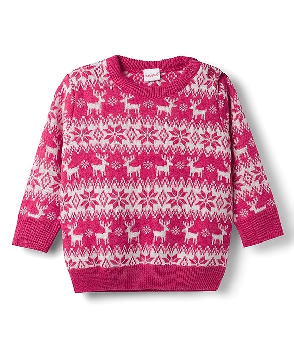 Babyhug Knit Full Sleeves Floral & Deer Designed Sweater Set -Pink