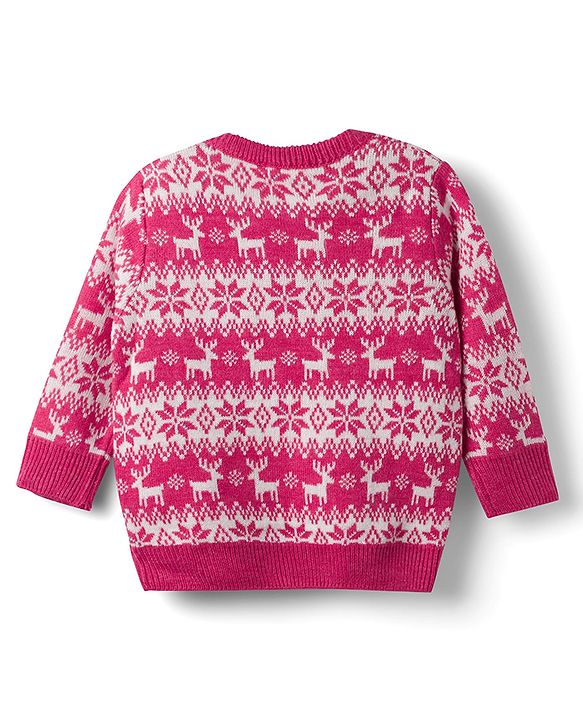 Babyhug Knit Full Sleeves Floral & Deer Designed Sweater Set -Pink