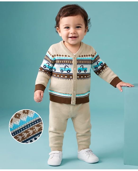 Babyhug Knit Full Sleeves Sweater Set With Vehicles Design - Cream